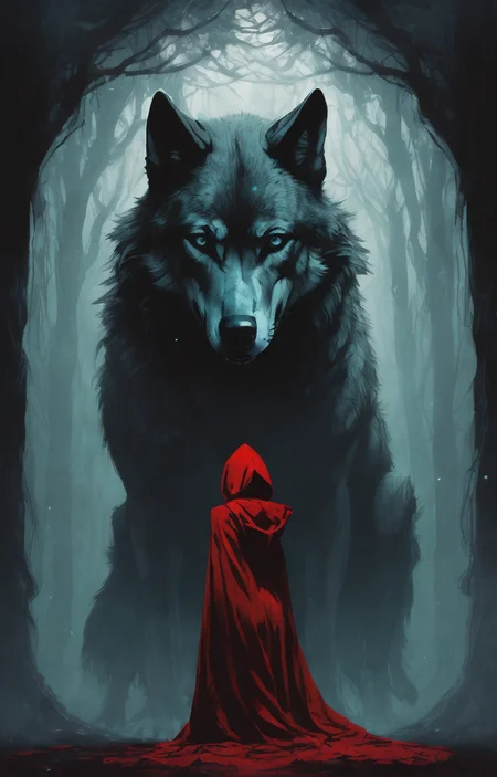 (dark magic, grimdark, creepy tale:1.15), wolf and 20 yo woman, red clothes, red hood, colorful, dark background



