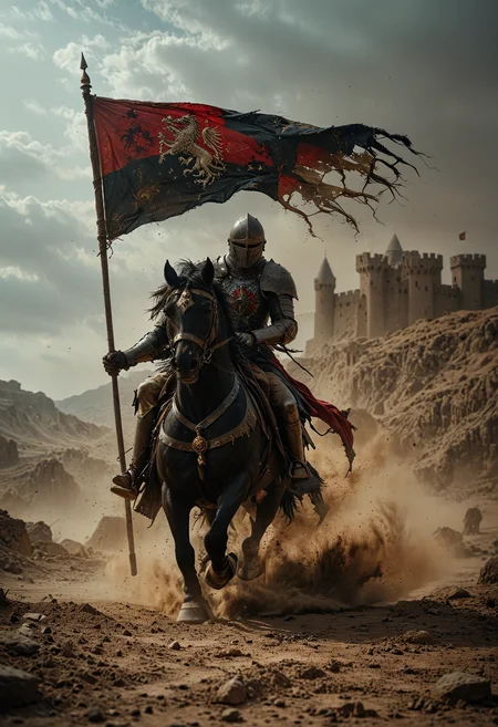 dramatic and intense scene, a valiant knight in full armor charging forward on a powerful black horse across a dusty battlefield, the knight holding a tattered black flag emblazoned with a royal crest, In the background a medieval castle looms against the barren, rocky landscape, high stakes and fierce conflict, Dust billows around the charging horse, emphasizing the speed and urgency of the scene, <lora:MJ52:0.6>, <lora:EpicF4nta5yXL:0.8>, <lora:add-detail-xl:1>, <lora:zavy-cntrst-sdxl:1>