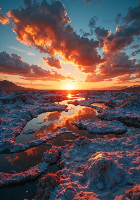 A surrealist interpretation of sunset over geothermal salt pans, where crystallized sodium sulfate formations prismatically fracture golden-hour light into chromatic spectrums, mirrored pools reflecting cerulean-to-amber gradients distorted by rising heat waves, 8k hyper-detailed textures capturing caustic patterns on mineral crusts, with stratocumulus clouds diffusing vermilion hues through suspended halite particles. <lora:FluxMythR3alisticF:0.2> <lora:It's a LoRA for portraits, BUT! actually specialized in backgrounds. v1.0:0.6> <lora:flux_vividizer:0.5> <lora:RM_Artistify_v1.0M:0.4> <lora:flux_dev:1>