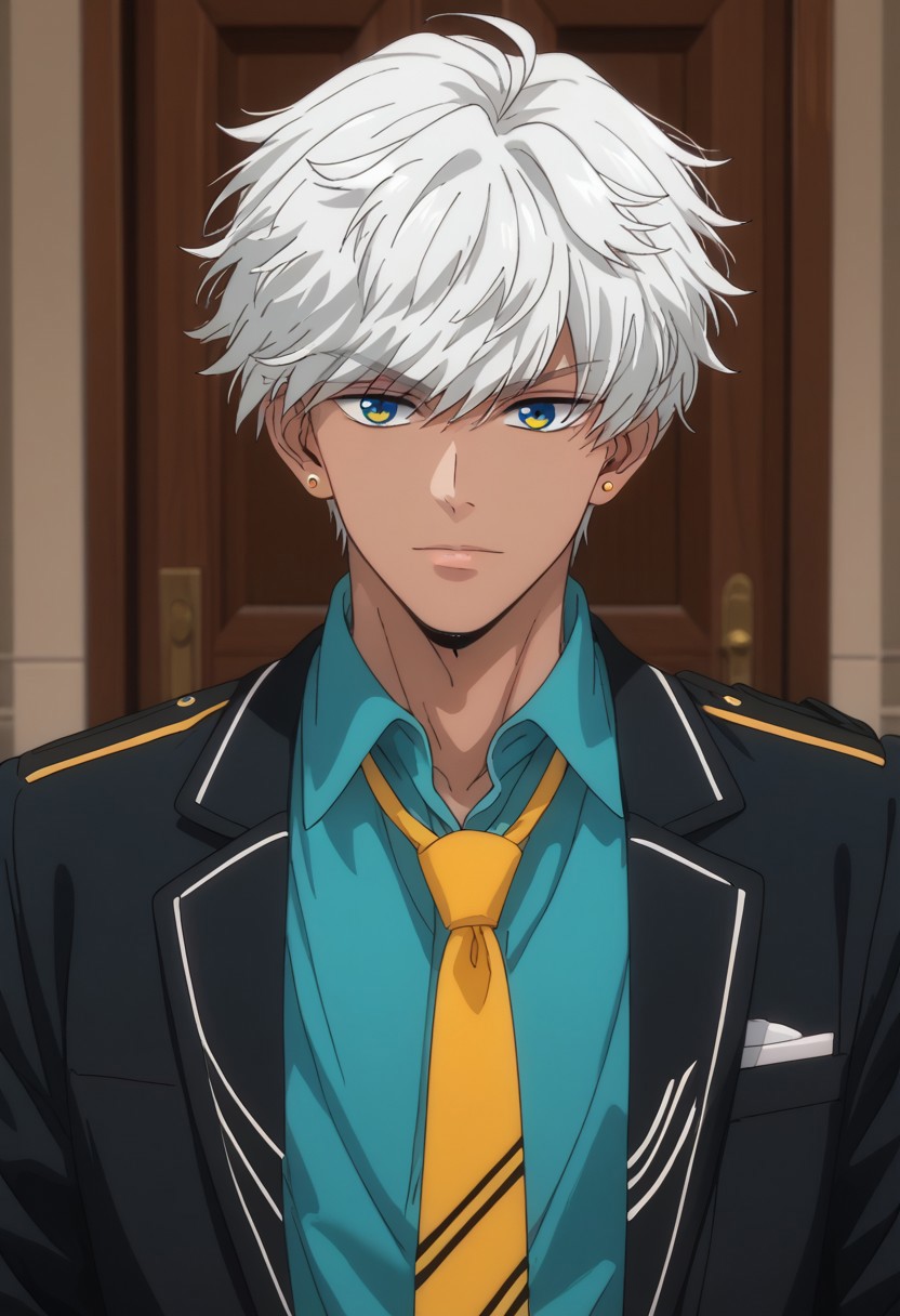 score_9, score_8_up, score_7_up, source_anime, rating_safe, Mamobey, 1boy, male focus, anime screencap, black jacket, yellow necktie, aqua collared shirt,
