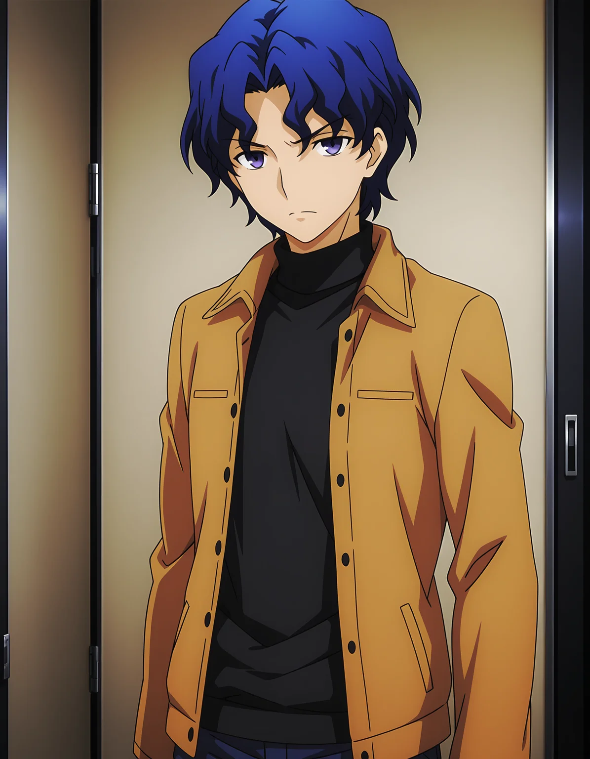 masterpiece, best quality, amazing quality, anime screenshot, 1boy, male focus,
ShinjiMatoHHIL-V1, blue hair, short hair, wavy hair, purple eyes, blue eyes,
brown jacket, open jacket, black sweater, turtleneck sweater, denim, pants,
looking at viewer, serious, closed mouth,
indoors,
<lora:ShinjiMatoHHIL-V1:0.85>, <lora:dmd2_sdxl_4step_lora:1>,
