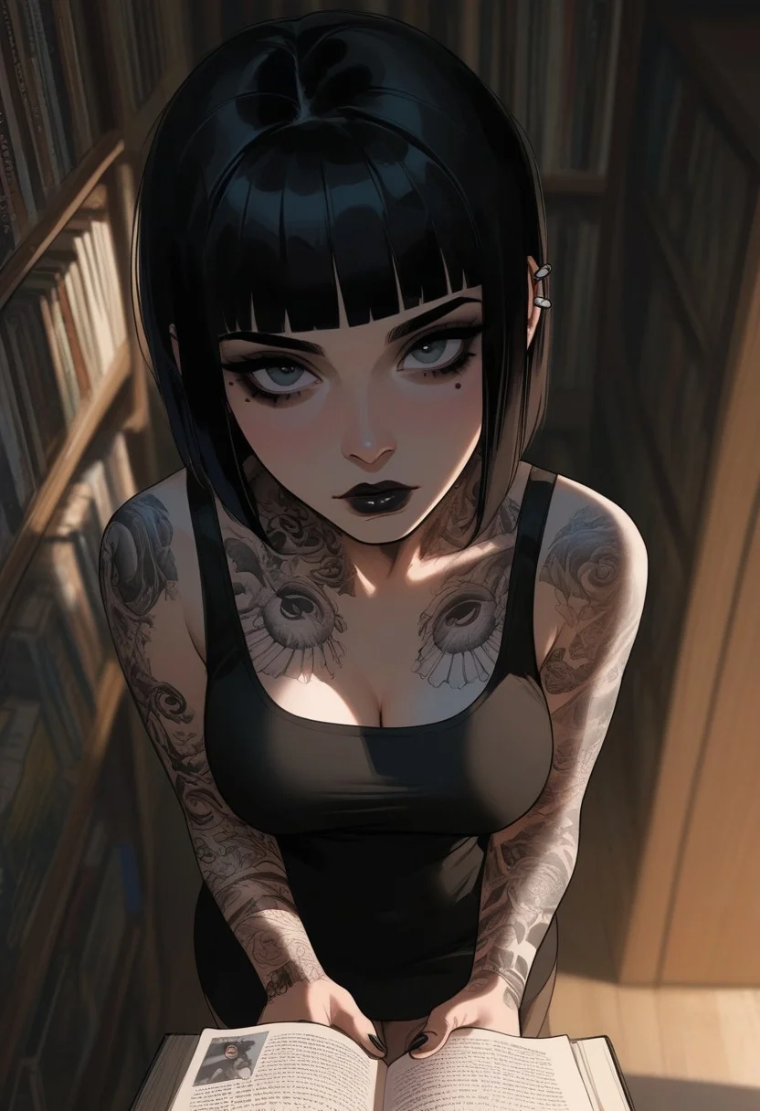 score_9, score_8_up, score_7_up, score_6_up, anime, cute goth girl, antique bookstore, tattoos, holding a comic book reading, looking up at viewer, pov from above, large natural breasts, hips, flat tummy, cinematic angle, cinematic lighting, solo focus