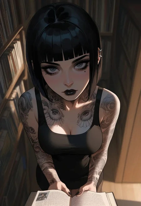 score_9, score_8_up, score_7_up, score_6_up, anime, cute goth girl, antique bookstore, tattoos, holding a comic book reading, looking up at viewer, pov from above, large natural breasts, hips, flat tummy, cinematic angle, cinematic lighting, solo focus