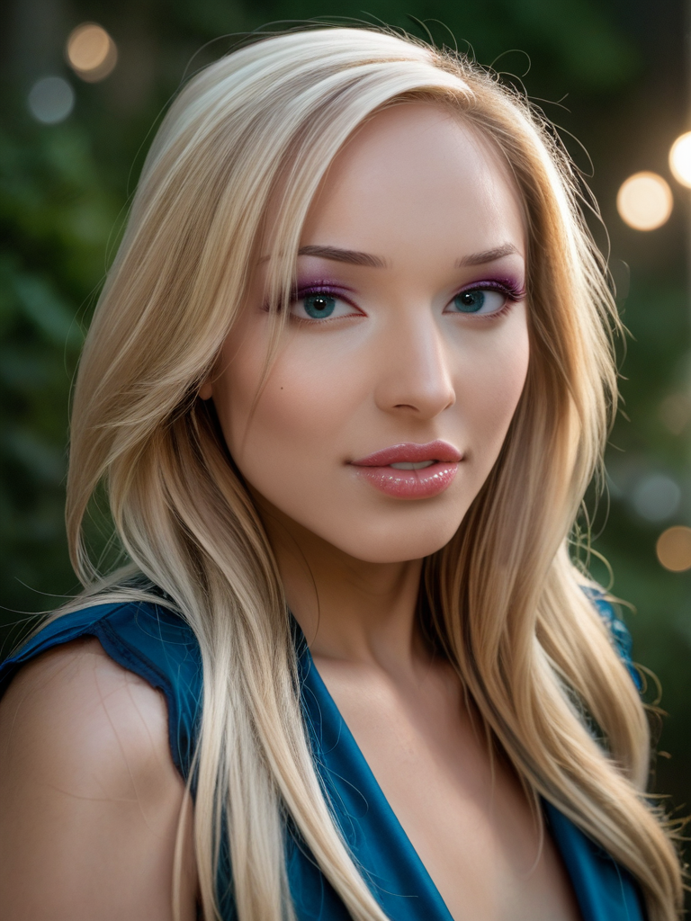 score_9, score_8_up, score_7_up, Khlo3H4rt, Khloe Hart, <lora:Khlo3H4rt-pony:1>,  1girl, makeup, lips, long hair, big lips, parted lips, lipgloss, teeth, (bobbed hair), blonde hair, blue blouse, portrait, solo, looking at viewer, bokeh, focus, film, velvia, artistic, best quality, photograph, focus