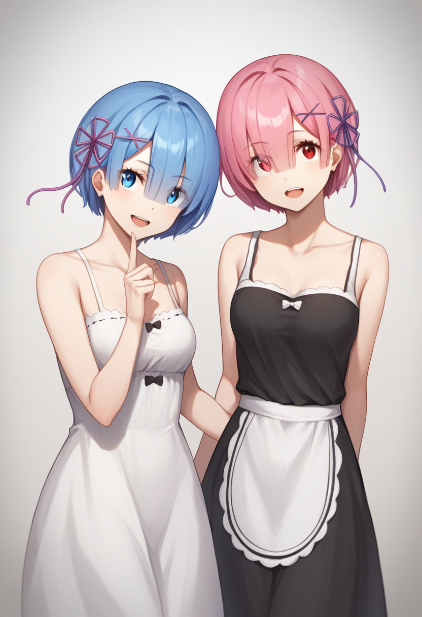 score_9,score_8_up,score_7_up,<lora:ram_rem_pony:1>,2girls, alternate_costume, armpits, bad_id, bad_pixiv_id, black_dress, blue_eyes, blue_hair, collarbone, contemporary, contrapposto, eyes_visible_through_hair, gradient_background, hair_between_eyes, hair_ribbon, hand_up, head_tilt, highres, looking_at_viewer, open_mouth, photoshop_\(medium\), pink_hair, ram_\(re:zero\), red_eyes, rem_\(re:zero\), short_hair, simple_background, sisters, sleeveless_dress, smile, standing, sundress, twins, white_dress, x_hair_ornament
