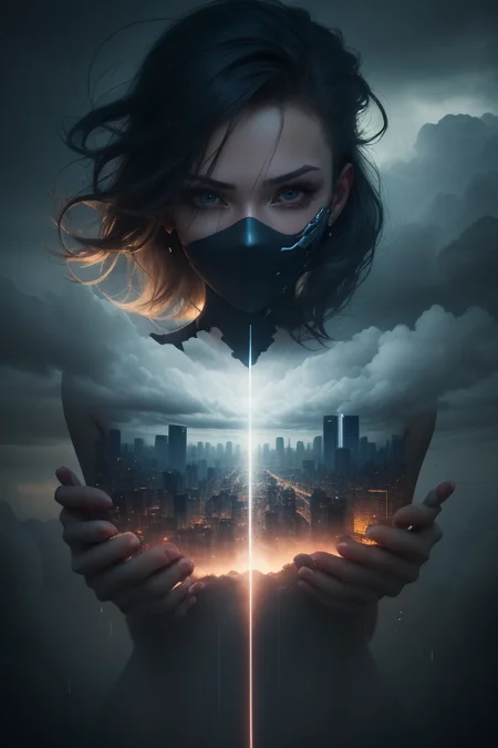 cyberpunk [foggy cityscape in the distance : very pretty girl, city:0.33] immersed in a giant flow of wind, living in a thunder cloud, behind the cloud, (double exposure:1.3), photo by Brandon Woelfelmist, surreal dream, gray atmosphere, rainy day, dynamic, lut, hdr