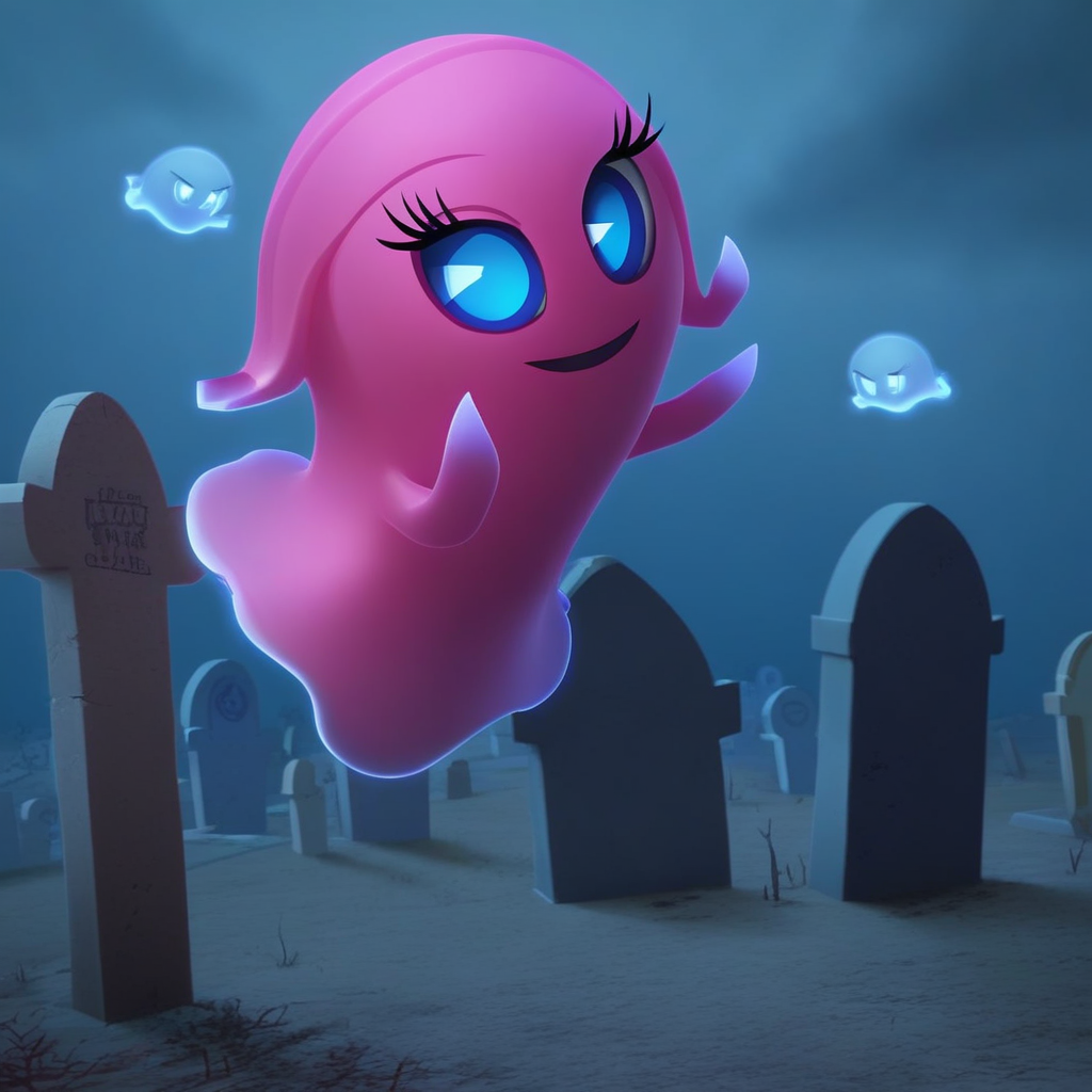 score_9, solo, pin_paga, pink ghost, blue eyes, floating, graveyard, looking at viewer