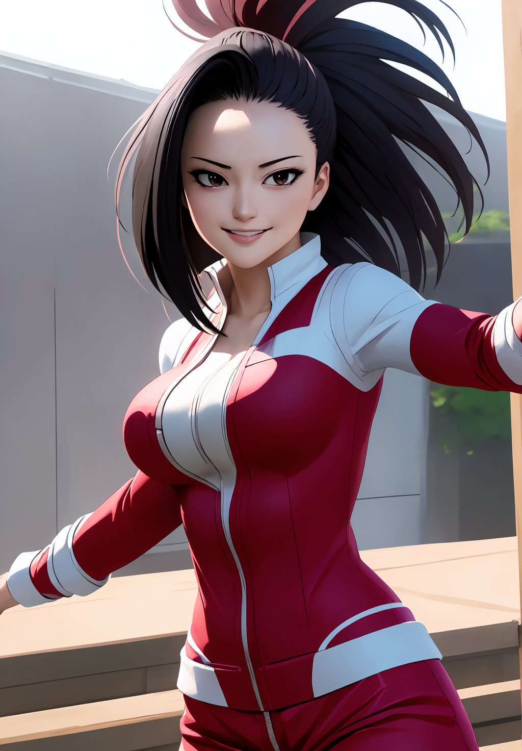 <lora:momo_yaoyorozu:0.8>, momo_yaoyorozu, (masterpiece, best quality,perfect lighting), 1girl, solo, smirk, action pose,