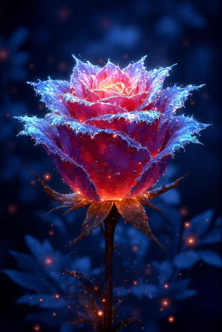 <lora:Vibrantly_sharp_style_v.2:0.8> VibrantlySharp style.  A crystalline rose of frozen sapphire glass glows with an internal fire, its petals a fusion of translucent icy blue and deep crimson. Shards of refracted light scatter across its surface, with delicate frost-like etchings forming intricate patterns along the edges. Tiny embers dance upon the tips of the petals, igniting them with flickering orange and gold sparks. The surrounding darkness enhances the fiery contrast, while suspended particles of ice and flame appear to swirl in the air. This digital painting embraces high fantasy aesthetics with an infusion of cyberpunk luminescence and hyper-detailed realism.