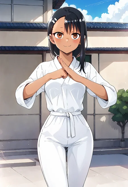 (fist-palm salute), score_9, score_8_up, score_7_up, source_anime, ultra detailed,
Generate a picture of a girl making fist-palm salute in a big garden in front of a big traditional Chinese building, she is wearing a yin_yang_print robe, white pants, barefoot, looking at viewer seriously, (fist and palm folded in front), front view,
nagatoro hayase, (dark-skinned female), 1girl has black long hair with hairclip and hair ornament, (dark skin), medium breasts, plump and glamor body with narrow waist, round face with brown eyes, low ponytail,
<lora:nagatoro_clean:1>,<lora:fist-palm_salute_Pony:0.8>