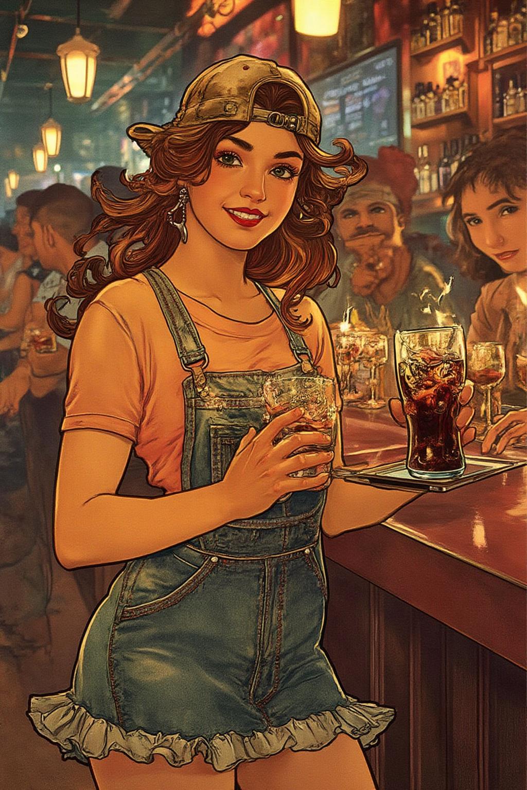mucha1 illustration.
The air buzzes with the energy of a busy bar, a mix of music, conversation, and the clinking of glasses. A barmaid, the embodiment of youthful vibrancy, navigates the lively scene. She wears a peach-coloured T-shirt, the soft fabric contrasting with the smooth, cold glass of coke she carries on a small tablet. Her short skirt adds a playful touch, and a backwards baseball cap hints at a carefree attitude. The setting and atmosphere are palpable: the warm, slightly sticky surface of the bar counter under her fingertips, the dim, colourful lighting that casts playful shadows. Sensory details are abundant: the condensation forming on the glass of coke, the texture of her denim skirt, and the way the bar lights catch the highlights in her hair. Her confident stride, her quick smile, and her efficient movements. Stylistically, the image draws inspiration from the vibrant, candid shots of nightlife photographers, with a touch of the stylized realism found in contemporary illustration. There's a deliberate contrast between the barmaid's youthful energy and the slightly worn, lived-in atmosphere of the bar, creating a dynamic and engaging image.
 <lora:mucha1_cap_d6a3e11:0.8><lora:822891592185574302:0>
