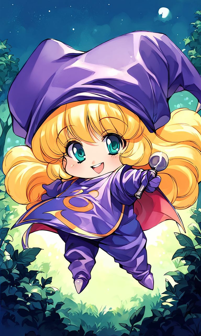 score_9, score_8_up, score_7_up, source_anime, rating_explicit, BREAK  <lora:Charlotte_seiken_densetsu3_XL:1>
Charlotte_seiken, 1girl, solo, hat, blonde hair, long hair, gloves, full body, witch hat, holding, retro artstyle, cape, smile, chibi,
elbow gloves, aqua eyes, green eyes, purple gloves, simple background, dress, looking at viewer,
night, forest,