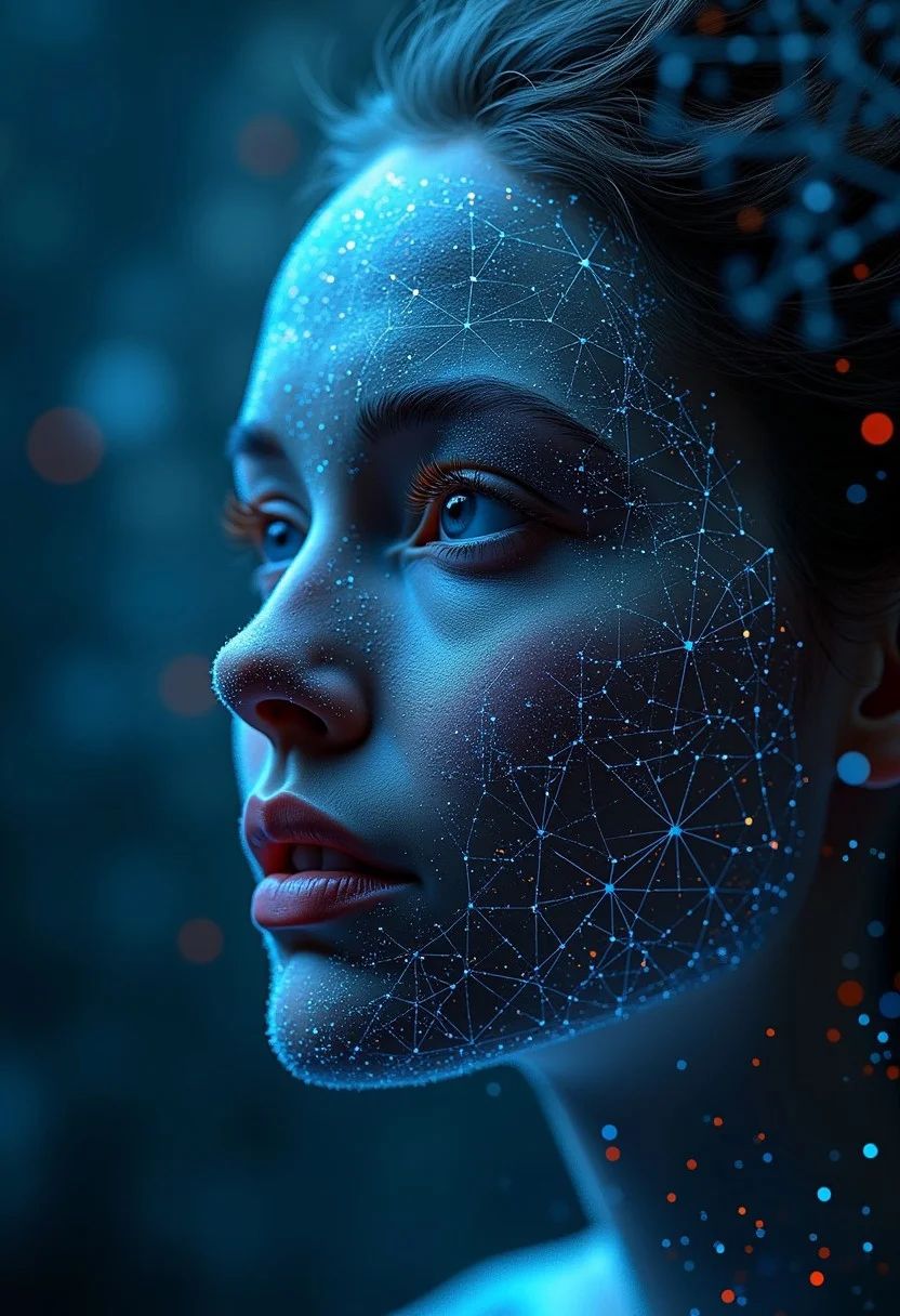 man or woman face Fuzzy logic AI concept visualized, neural network with nodes resembling a brain's intricate patterns, soft glowing lines connecting thought processes, suspended in a digital space, complexity, abstract, science fiction theme, neon accents, digital render.
