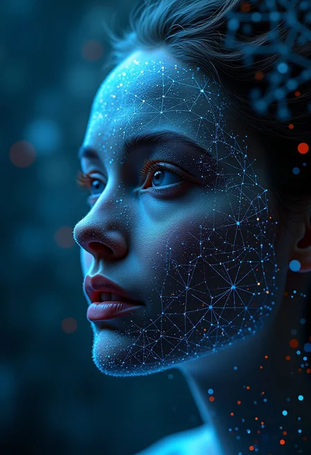man or woman face Fuzzy logic AI concept visualized, neural network with nodes resembling a brain's intricate patterns, soft glowing lines connecting thought processes, suspended in a digital space, complexity, abstract, science fiction theme, neon accents, digital render.