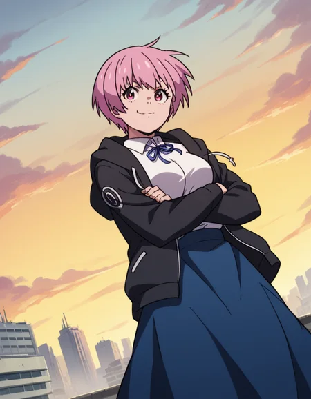 score_9, score_8_up, score_7_up, source_anime, <lora:inca-kasugatani-s2-ponyxl-lora-nochekaiser:1>, inca kasugatani, short hair, pink hair, pink eyes, medium breasts,, skirt, shirt, ribbon, jacket, white shirt, blue skirt, neck ribbon, blue ribbon, purple ribbon, rooftop, sunset, cityscape, quiet moment, wind blowing, contemplative, , crossed arms, smug, looking at viewer, solo,, dutch angle, cowboy shot
