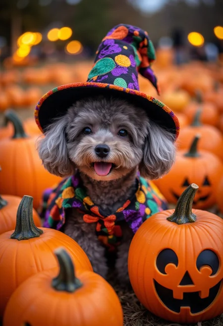A vibrant photograph of a light grey poodle donning a sparkling witch's hat and a colorful cape, playfully posing in a pumpkin patch surrounded by glowing jack-o'-lanterns at dusk., Halloween magic, vivid colors, enchanting atmosphere, playful spirit, autumn foliage, whimsical lighting, bokeh sparkle, aidmaMJ6.1