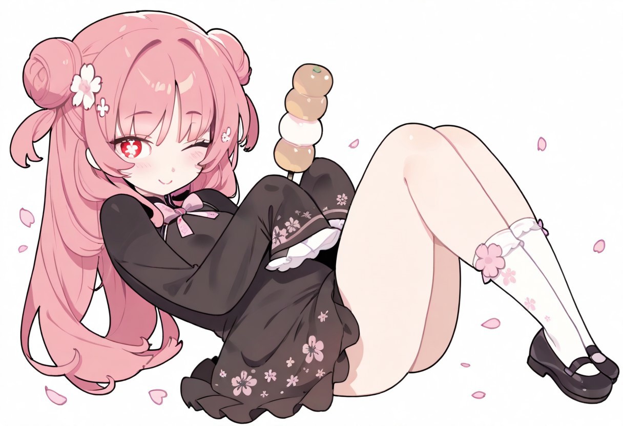 lazypos, girl focus, 1girl, one eye closed, food, dress, flower, hair ornament, red eyes, white background, white socks, solo, smile, double bun, black footwear, long hair, socks, shoes, hair bun, sleeves past fingers, looking at viewer, pink hair, hair flower, closed mouth, sleeves past wrists, holding, black dress, floral print, wagashi, simple background, long sleeves, cherry blossoms, two side up, dango, symbol-shaped pupils, blush, bow, bowtie, flower-shaped pupils, petals
