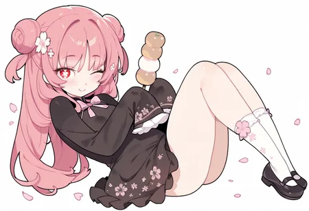 lazypos, girl focus, 1girl, one eye closed, food, dress, flower, hair ornament, red eyes, white background, white socks, solo, smile, double bun, black footwear, long hair, socks, shoes, hair bun, sleeves past fingers, looking at viewer, pink hair, hair flower, closed mouth, sleeves past wrists, holding, black dress, floral print, wagashi, simple background, long sleeves, cherry blossoms, two side up, dango, symbol-shaped pupils, blush, bow, bowtie, flower-shaped pupils, petals