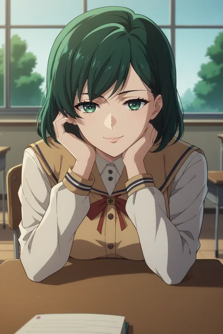score_9, score_8_up, score_7_up, source_anime, 1girl, prefect lighting, very aesthetic, intricate details, highly detailed background, masterpiece, high quality, prefect hands, best quality, solo,
<lora:Lily_Nier_V1:.85>, KJOlily, green hair, green eyes, medium hair, swept bangs,
White school uniform, blue pleated skirt, kneehighs, long sleeves,
sitting, at desk, head rest, smug, head tilt, pov across table,
School, classroom, window, sunny, tree,
(Beautiful, medium Breasts:1.2), natural breasts,