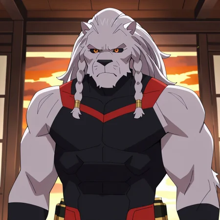 masterpiece, best quality, newest, absurdres, highres, Invincible-show-style-INVPACK.V1.0,
1boy, Battle-Beast-INVPACK.V1.0,
furry, furry male, muscular, muscular male, white fur, braid, braided hair, twin braids, orange eyes, colored sclera, black sclera,