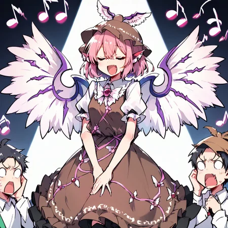 score_9, score_8_up, score_7_up, masterpiece, best quality, detailed, perfect, perfection, vibrant, gorgeous,
BREAK
mystia, wings, brown headwear, short hair, hat, animal ears, puffy sleeves, dress, pink hair, brown dress, cowboy shot, frills, pink eyes, juliet sleeves, jewelry, shirt, winged hat, bangs, hair between eyes, white wings, white shirt, bird wings, feathered wings, earring, frolled dress, frilled sleeves,
BREAK
bad singing,crowd,happy,grimace,(hands on own ears:1.2),music,noisy musical note, multiple boys,screaming,closed eyes,blank eyes,holding microphone,