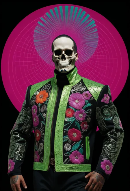(Illustration No. 8 , x-ray, deconstructed, abstract, surreal, mixed media, collage, outsider-art, avant-garde, punk style), Hyper-realistic portrait of a man, dressed in a fusion of traditional Mexican charro suit and cyberpunk design. The oversized jacket features asymmetrical chrome embroidery of intricate floral and skull motifs, illuminated with glowing neon threads in vibrant green and magenta. The high turtleneck incorporates metallic accents and embedded crystal details, giving a futuristic flair. Leaning slightly back, his hand rests near his chest in an aesthetic, commanding pose. The background, a bold crimson, is layered with surreal geometric shapes and holographic effects that evoke the vibrant energy of Mexican culture reimagined in a cyberpunk world.,style of Jean Delville