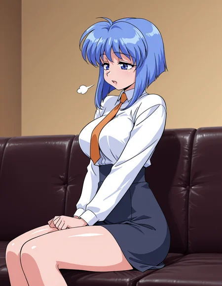 <lora:viper-f40-illustrious-000012:0.75> lilia, white shirt, orange necktie, skirt
1girl, solo, sitting, couch, sigh, open mouth