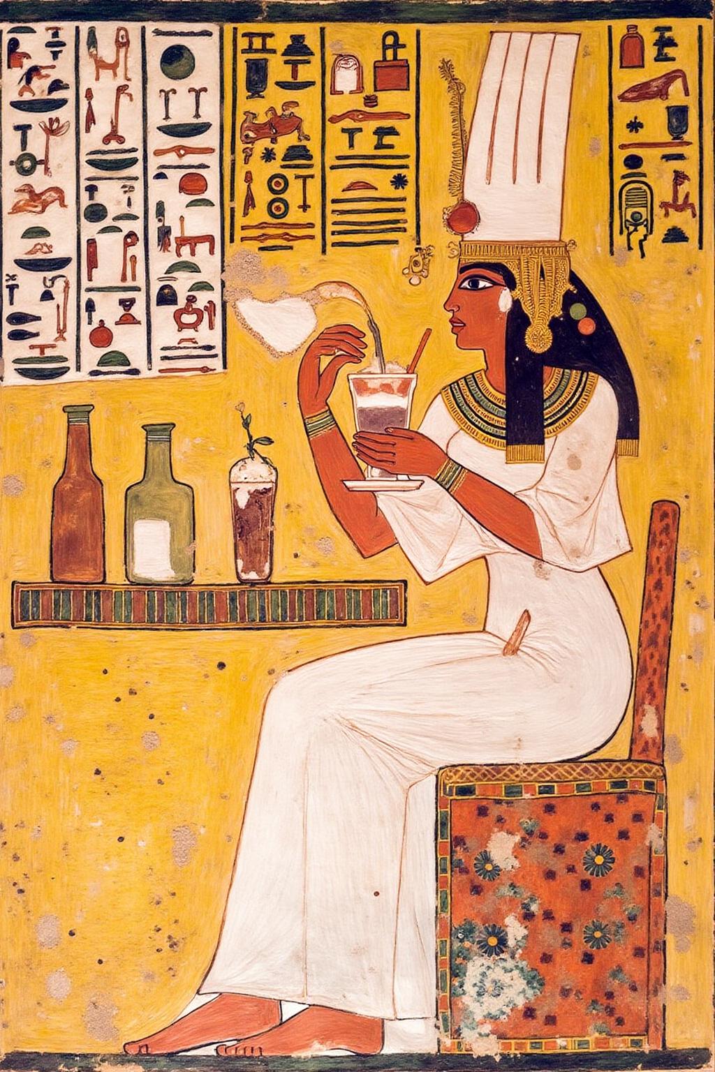 egyptian painting.
A woman in a pub eating a milkshake <lora:egypt1_cap_d6a3:1.0><lora:829972520083021354:0>