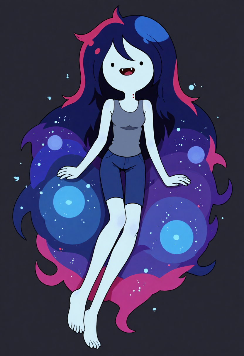 A whimsical, colorful illustration of Marceline Abadeer with a pale blue complexion, relaxed and joyful, with long, flowing hair that transforms into a vibrant galaxy, depicted in a stylized, colorful art aesthetic. The hair is a rich blend of deep blues, purples, and pinks, dotted with white stars and cosmic elements, creating a sense of depth and wonder. Marceline is wearing a simple outfit, with her legs crossed and arms relaxed. The background is a deep black, allowing the colors of the art to stand out vividly. The overall composition exudes a dreamy, whimsical feel, reminiscent of both anime and contemporary illustration styles.<lora:CustomFlux/Marceline_Abadeer.safetensors:1.0:1.0>