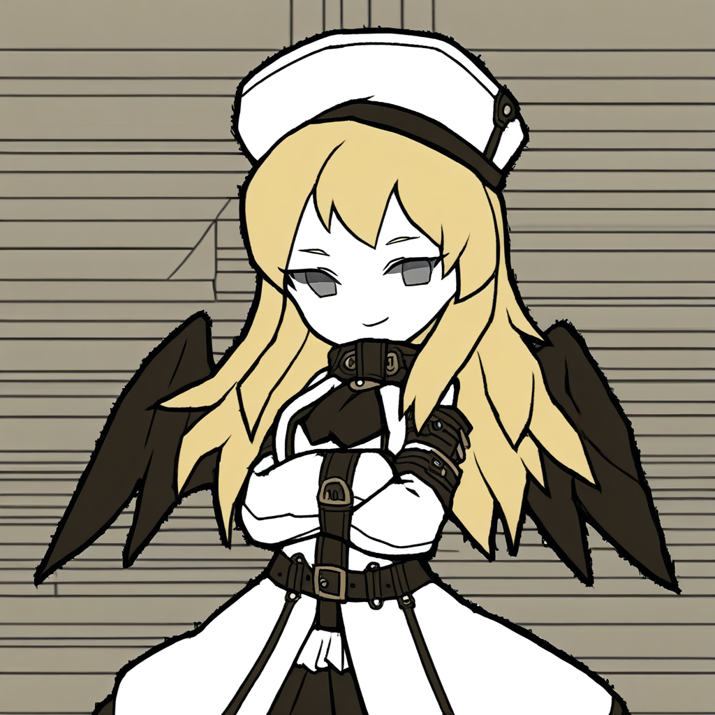 lobotomy corporation (style), solo, 1girl, layered sleeves, coat, straitjacket, bracelet, smile, ascot, grey eyes, belt, fingerless gloves, black vest, wings, hat, ash blonde hair