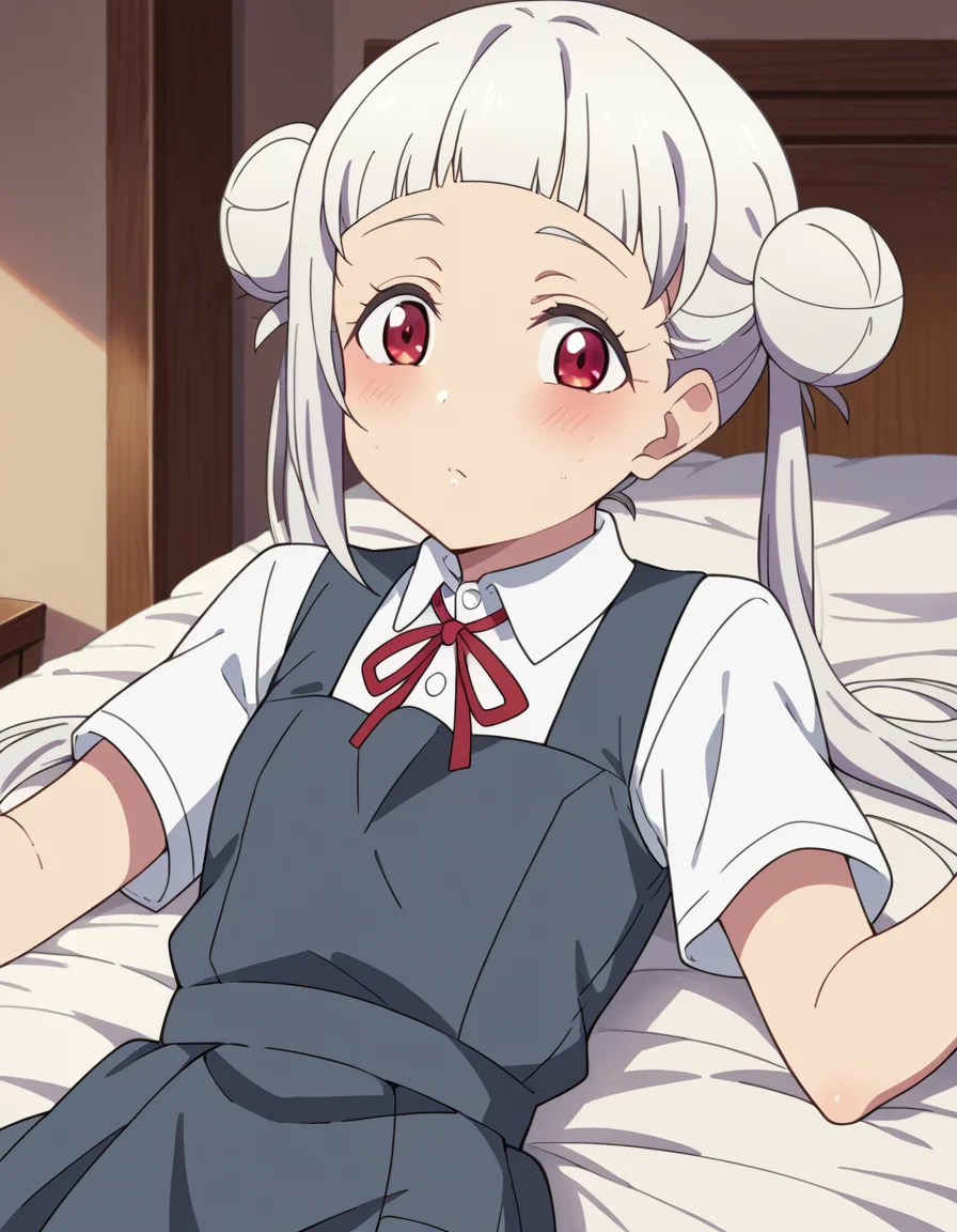 score_9, score_8_up, score_7_up, source_anime, <lora:chisato-arashi-s2-ponyxl-lora-nochekaiser:1>, chisato arashi, long hair, bangs, red eyes, twintails, white hair, blunt bangs, hair bun, double bun,, shirt, dress, ribbon, school uniform, white shirt, short sleeves, collared shirt, red ribbon, neck ribbon, pinafore dress, grey dress, summer uniform, yuigaoka school uniform,, indoors, bed, bed room, on side, blush, drunk, looking at viewer, solo,, cowboy shot, dutch angle