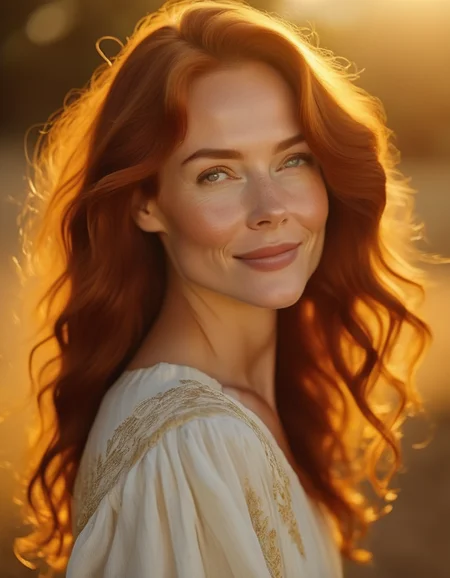 A serene portrait of a woman with flowing auburn hair, gazing softly into the distance, her delicate oval face illuminated by a warm, golden light, her lips slightly parted in a peaceful smile, high cheekbones accentuating her gentle expression. <lora:usual-portrait-v2:.9>