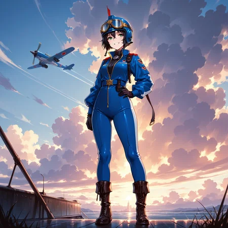 18cera, napoleonera, victorianera, ww1era, amazing quality, masterpiece, great quality, high detail, hdr, high definition, detailed background, ww1 airstrip, 1woman, young woman, black hair, short hair, green eyes, smiling, calmed eyes, flightsuit, black pilot helmet, blue flightsuit, leather boots, standing pose, ww1 war planes, noon, clouds, blue sky
<lora:RavenScript :1>