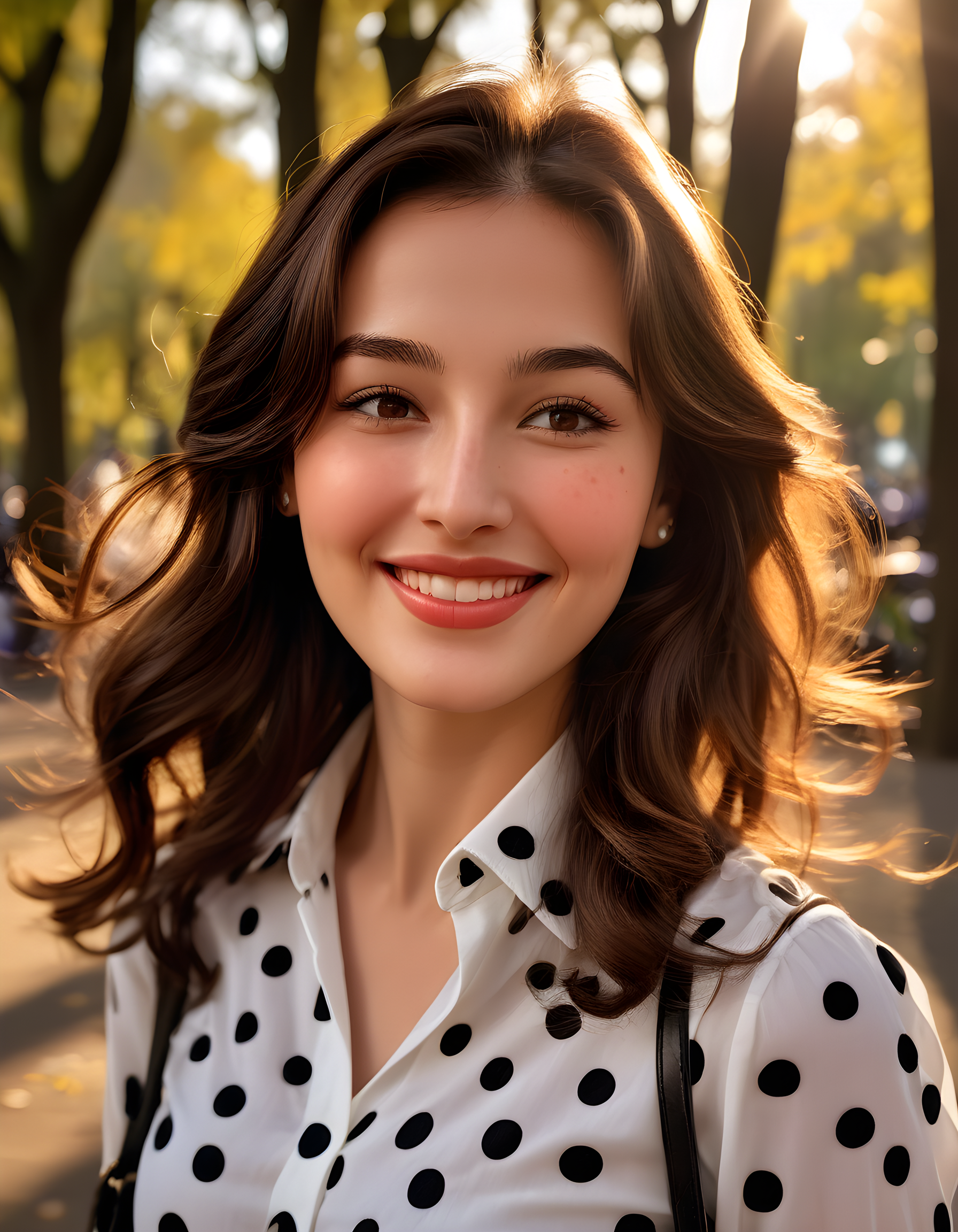 N4NCYJMM, In the heart of a bustling city park, under the soft, golden glow of a setting sun filtering through towering trees, a radiant woman with deep brown eyes and cascading brown hair wears a crisp white shirt adorned with black polka dots. She is captured in a close-up shot, her lips curved into a warm smile, a stylish black shoulder bag slung over one arm, as she pauses to take in the vibrant scene around her, leaves rustling gently in the breeze behind her, creating an intricate dance of shadows on the ground.