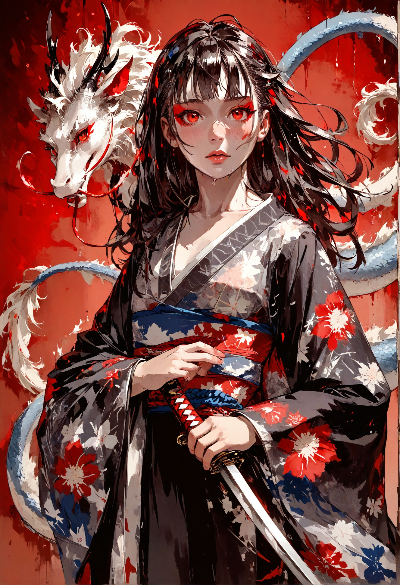 score_9,score_8_up,score_7_up,embedding:zPDXL2, masterpiece,best quality,highly detailed,detailed background, film grain,glowing,hand person,Expressiveh, , 1girl, solo, long hair, looking at viewer, bangs, black hair, red eyes, long sleeves, holding, closed mouth, weapon, japanese clothes, sword, wide sleeves, kimono, holding weapon, lips, sash, holding sword, obi, floral print, katana, sheath, red background, single glove, dragon, red lips, black kimono, eastern dragon<lora:增强\LCM_LoRA_Weights_SDXL.safetensors:1.0:1.0> <lora:增强\(增强)Hands XL 4.safetensors:1.0:1.0> <lora:wrenchrococodomepdxl-000007.safetensors:0.8:0.8> <lora:增强\Midjourney mimic 1.2.safetensors:0.3:0.3>