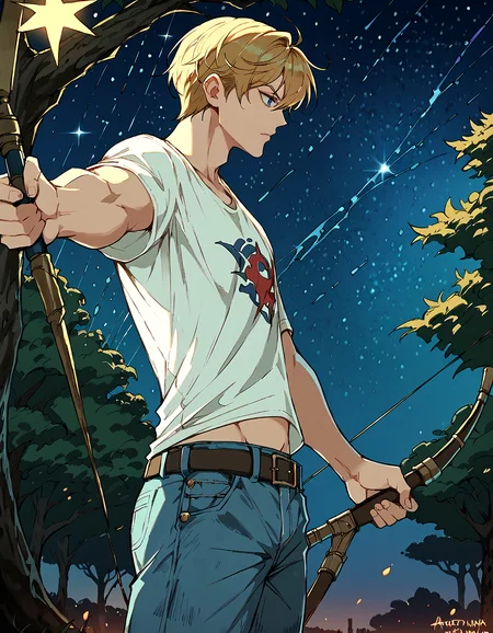 score_9, score_8_up, score_7_up, score_6_up, source_anime, masterpiece, detailed, refined, 1boy, solo, teenager, fantasy, detailed background, (huge tree on the center of background), night sky, stars, white t-shirt, jeans, belt, holding weapon, holding, weapon, BowAiming, bow \(weapon\), aiming, blonde hair, from side, looking to the right