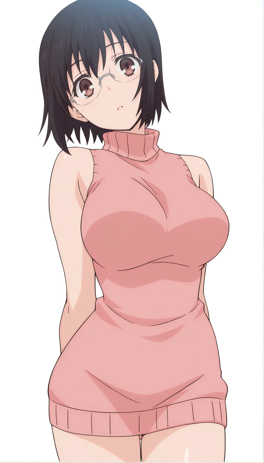 <lora:ILXL_KotoneShirakawa_OF_Mornix:1> kotoneofdef, brown eyes, black hair, short hair, anime screencap,
solo, glasses, breasts, white background, sweater, simple background, dress, sweater dress, sleeveless, bare shoulders, turtleneck, looking at viewer, pink sweater, thighs, cowboy shot, parted lips, head tilt, turtleneck sweater
masterpiece,best quality,amazing quality,