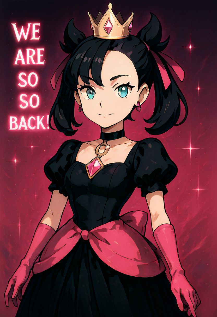 masterpiece, best quality, 1girl, solo, looking at viewer, smile,   zzShadowMarnieCitron, aqua eyes, black hair, hair ribbon, medium hair, asymmetrical bangs, twintails, mini crown,  marnie (pokemon), large breasts, narrow waist,  black dress, puffy short sleeves, black choker, gem, pink ribbon, pink gloves, bow, chiaroscuro,  ,<lora:ShadowHimeMarnieCitronOCIXL_v3:1.0>,  , smile, looking at viewer, We4reSoB4ck, text, gradient background, ,<lora:We4reSoB4ck_IXL_v1:1.0>,