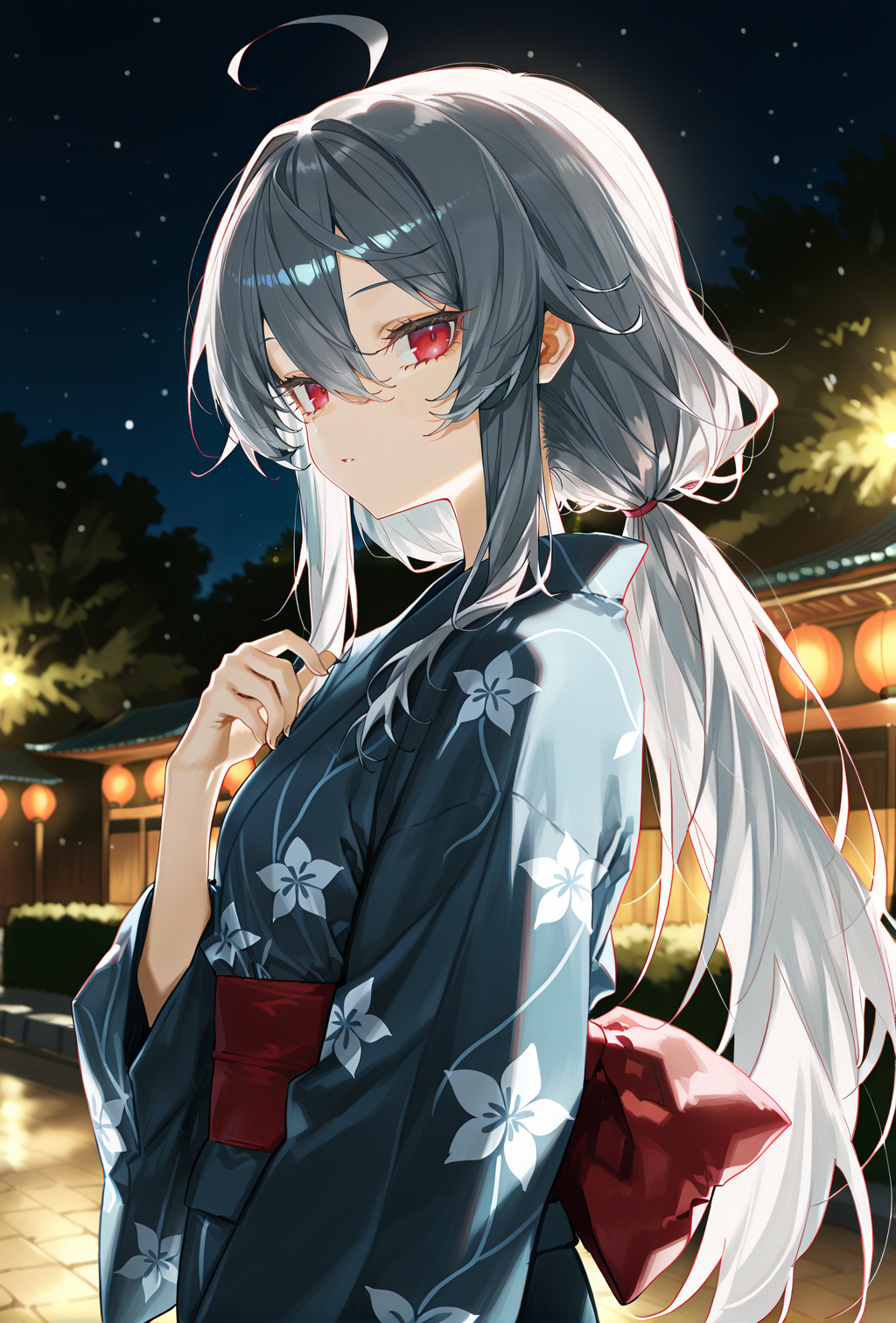 1girl, sensitive, (artist:sincos:0.4), (artist:deadflow:0.5), (artist:ao+beni:0.9), (artist:quasarcake:0.85), (artist:nanashi \(nlo\):0.1), (artist:tianliang duohe fangdongye:1), <lora:Garnet-03:1>, Garnet, yukata, night, outdoors, blurry background, masterpiece, best quality, amazing quality, very aesthetic, absurdres, newest, scenery, <lora:deal360acv illustrious 006:0.45>, <lora:dj_sloppa_ill_v2:0.2>, <lora:nyalia:0.35>
