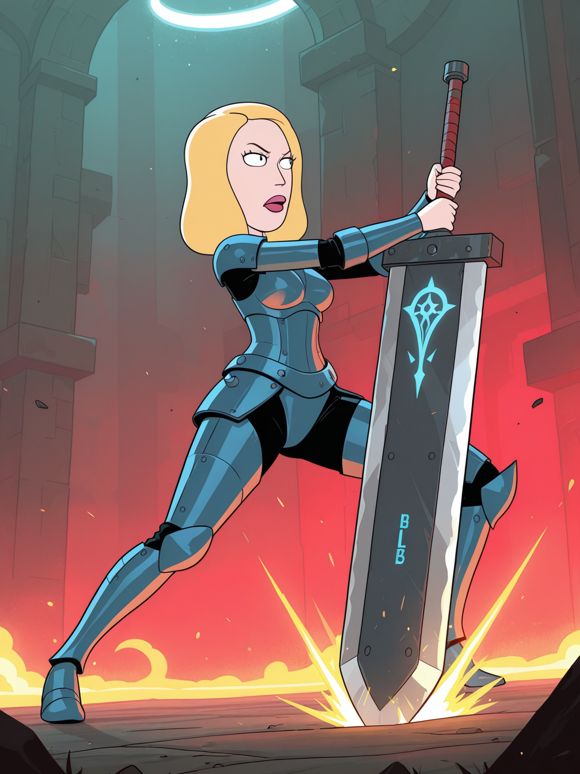 <lora:Beth_SmithIL:1> b_s, 1girl, blonde hair, pupils black dots, red lips, black eyes,
gigantic sword, steel armor,glowing liens, action, full body, glowing background