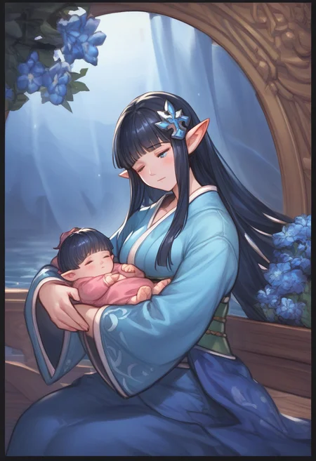 1girl, score_9,score_8_up,score_7_up, blanket over body,
elf ,pointy ears, blue eyes and long black hair, couplelunia, blue kimono, long black hair mother, wide long sleeves blue kimono, white sock, green obi, himecut, hime cut, blush, black hair wife, blue eyes, close up shot, upper body, blue flower hairpin,
looking down at baby, sitting down, (baby sleeping), baby carry, holding baby,