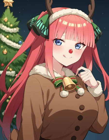 score_9, score_8_up, score_7_up, source_anime, <lora:nnakano-s2-ponyxl-lora-nochekaiser:1>, long hair, bangs, blue eyes, hair ornament, hair ribbon, pink hair, blunt bangs, two side up, butterfly hair ornament, large breasts,, <lora:reindeer-costume-ponyxl-lora-nochekaiser:1>, reindeer costume, animal costume, reindeer antlers, antlers, fake antlers, reindeer hood, christmas, red nose, deer ears, deer tail, christmas tree, bell, horns, reindeer,, blush, smile, tongue out, looking at viewer,,