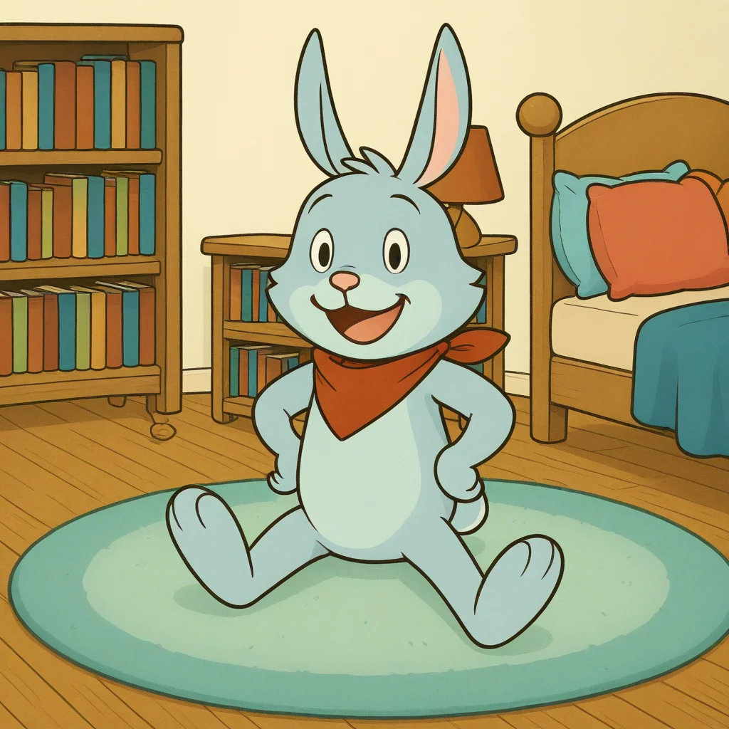 Rug, bandana, Red Bandana, Rory_Bunny_Rabbit, april fools, open mouth, sitting, bookshelf, no humans, pillow, Cute, hands on hips, hand on hip