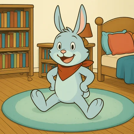 Rug, bandana, Red Bandana, Rory_Bunny_Rabbit, april fools, open mouth, sitting, bookshelf, no humans, pillow, Cute, hands on hips, hand on hip