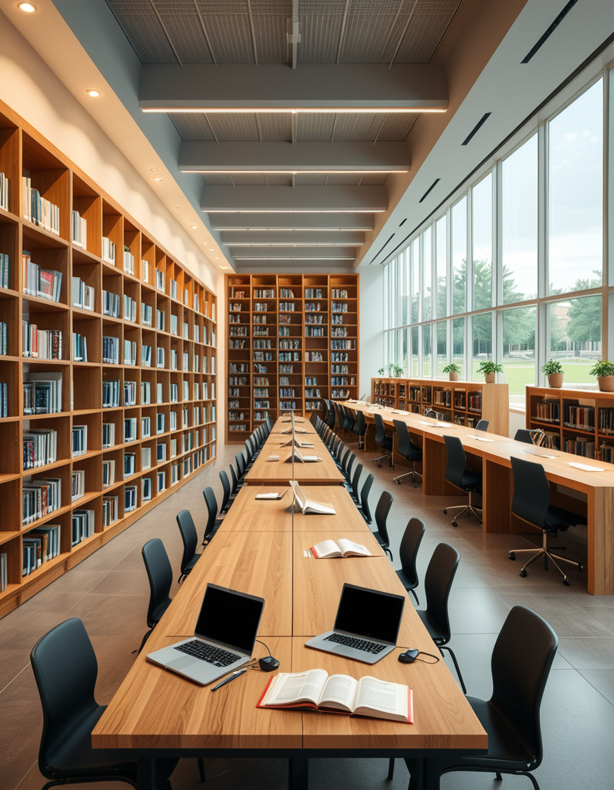 A high-resolution, ultra-realistic photograph of a modern college library interior. The scene showcases a spacious, open-plan design with large floor-to-ceiling windows allowing natural daylight to flood the space. The architectural style is contemporary, featuring minimalist furniture with clean lines: sleek wooden tables, ergonomic chairs in neutral tones (gray and beige), and built-in bookshelves made of light oak wood.
In the foreground, a group of diverse students (varied ethnicities and genders) are quietly studying, some using laptops, others reading books, with focused, calm expressions. One student is sipping coffee from a reusable cup.
The background displays rows of neatly organized books, indoor plants adding a touch of greenery, and modern pendant lights hanging from the ceiling, providing warm, ambient lighting. The floor is covered with soft gray carpet, and large abstract paintings decorate the walls, contributing to a cozy and intellectual atmosphere.
The overall mood is peaceful, studious, and inspiring, with balanced natural and artificial lighting, crisp details, and realistic textures, captured as if by a professional architectural photographer using a full-frame camera.
 <lora:SDXLFaeTastic2400:0.4> <lora:extremely_detailed:0.4> extremely detailed,<lora:modern_c0ll3g3_l1br4ry:1>,modern c0ll3g3 l1br4ry, Masterpiece,best quality,hi res,8k,hi res,8k,award winning,(sharp focus, intricate, highly detailed),