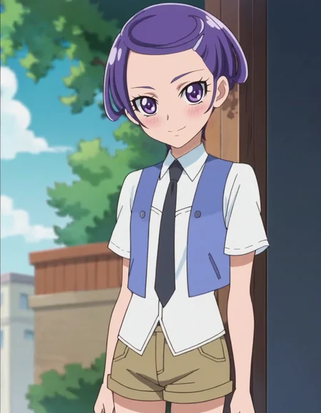 score_9, score_8_up, score_7_up, anime screencap, solo,1girl,kenzakimakoto,vest, necktie, smile, hair ornament,shorts, looking at viewer, hairclip, looking at viewer,cowboy shot ,small breasts,blush,<lora:kenzakimakoto:0.8>