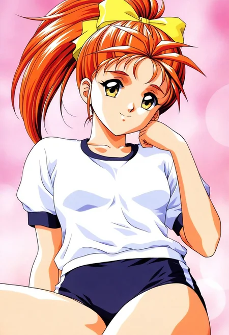 <lora:Saotome_Yumi_PONYXL:1>, general,highres, ultra-detailed,very aesthetic,masterpiece, best quality, 1990s (style), 1girl, solo,
Saotome_Yumi, brown eyes, orange hair, hair bow, high ponytail, long hair, small breasts,closed mouth, happy,
gym uniform,white shirt, dark blue buruma,