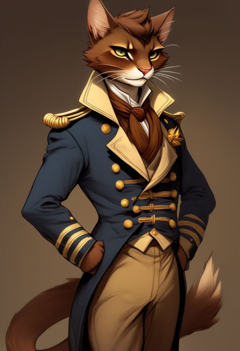 A short haired tabaxi man in well kept sailor captain uniform, Dark brown and tan fur, Commanding, leader, confident, dancer, elegant