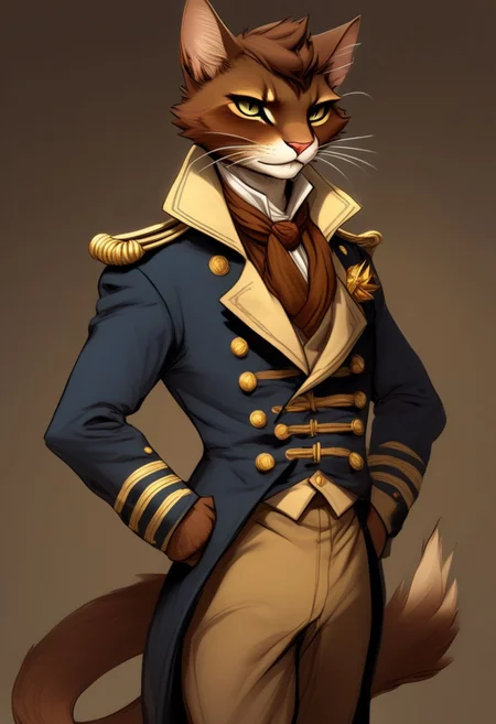 A short haired tabaxi man in well kept sailor captain uniform, Dark brown and tan fur, Commanding, leader, confident, dancer, elegant