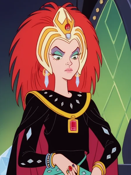 score_9, score_8_up, score_7_up,1girl, solo,    <lora:Dark_Princess_Pony:1> 1girl, solo, ssdp1, red hair, green eyes,  gold headgear, eyeshadow, makeup, diamond earrings, black outfit, long sleeves, diamond studs,, cape, jewelry, bracelets, rings, red jewel, standing, belt, crossed belts, arrogant, leather pants, upper body, sitting on throne